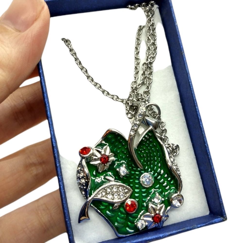 Red and white Austrian crystal fish necklace Lilly pond new in box emerald ename